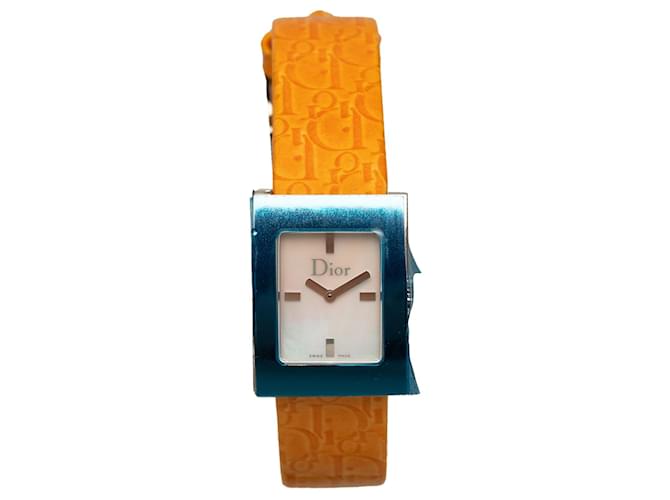 Relógio quadrado Malice em couro quartzo prateado Dior Prata Laranja Aço Metal Bezerro-como bezerro  ref.1200650