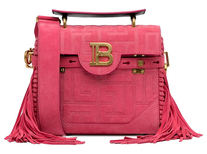Balmain Pink Fringed Embossed Suede B-Buzz 23 Handle bag Leather  ref.1202716