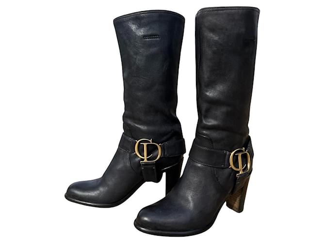 Christian Dior Dior black leather monogram logo calf-length boots with CD buckle, Saddle model, Size 37. Gold hardware  ref.1206825