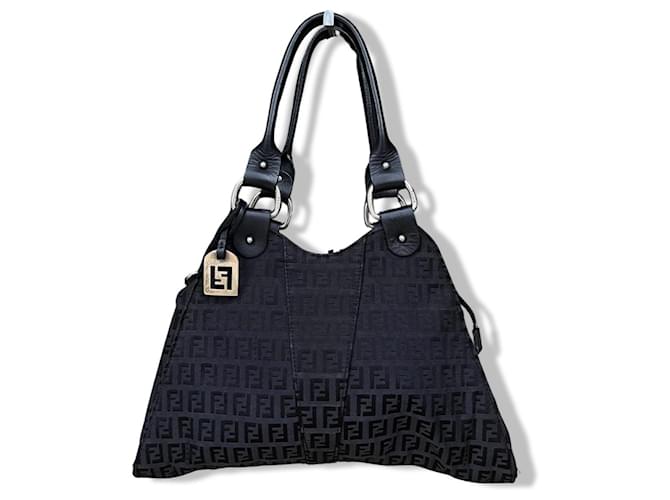 Zucca Fendi FF Devil Trapezio handbag Black Leather Cloth  ref.1206840