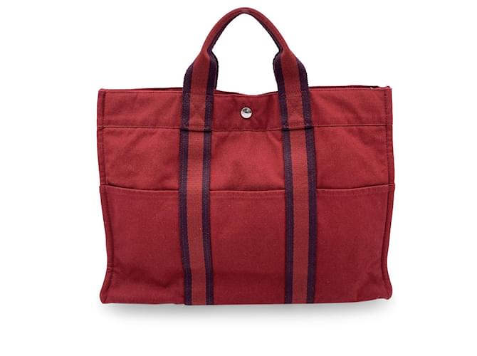 Hermès Hermes Paris Vintage Red Canvas Cotton cabas MM Bag Tote Coton Rouge  ref.1206871