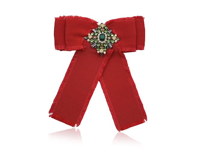 Gucci Red Grosgrain Bow Brooch Pin with Green Crystals Cloth  ref.1206875