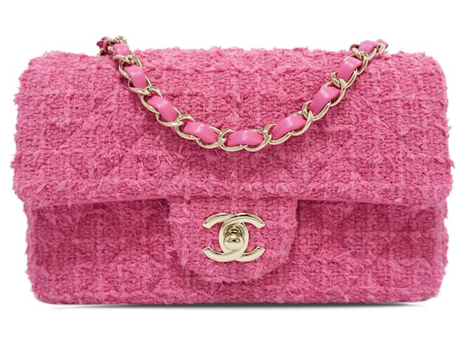 Chanel Rosa Mini Bolsa Retangular Clássica de Tweed com Aba Pano  ref.1207068