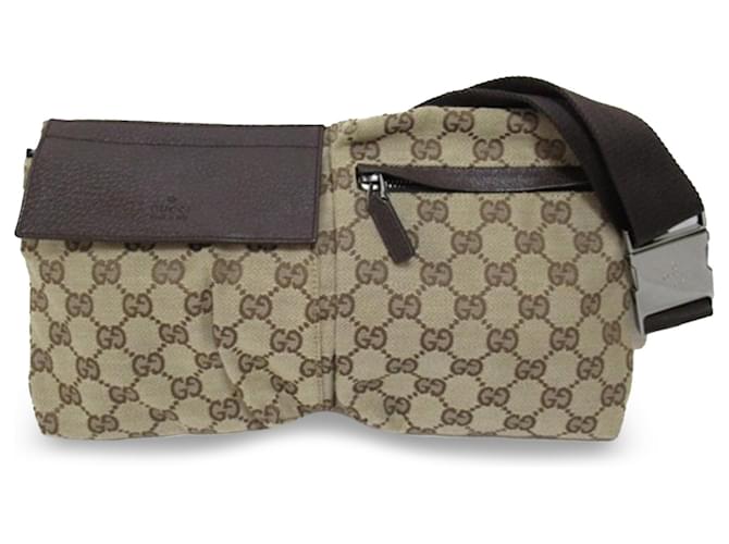 Gucci Brown GG Canvas Double Pocket Belt Bag Beige Leather Cloth Pony-style calfskin Cloth  ref.1207126