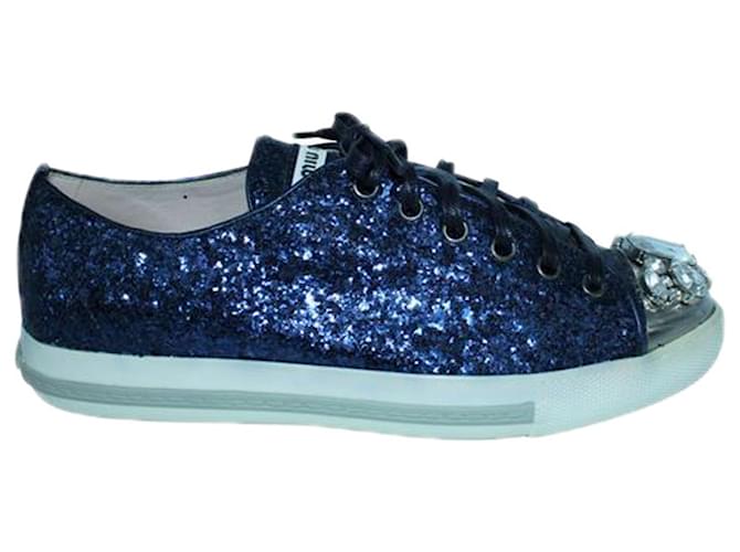 Miu Miu Glitzer-Sneaker mit Verzierungen Blau Gummi  ref.1207169