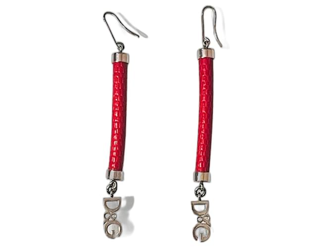 DOLCE & GABBANA Ohrringe aus Stahl und rotem Leder mit „Kroko“-Aufdruck,  ref.1207529
