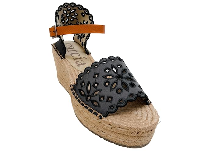 Autre Marque Pedro Garcia Off Black Satin Omaira Eyelet Espadrille Sandals Cloth  ref.1207903