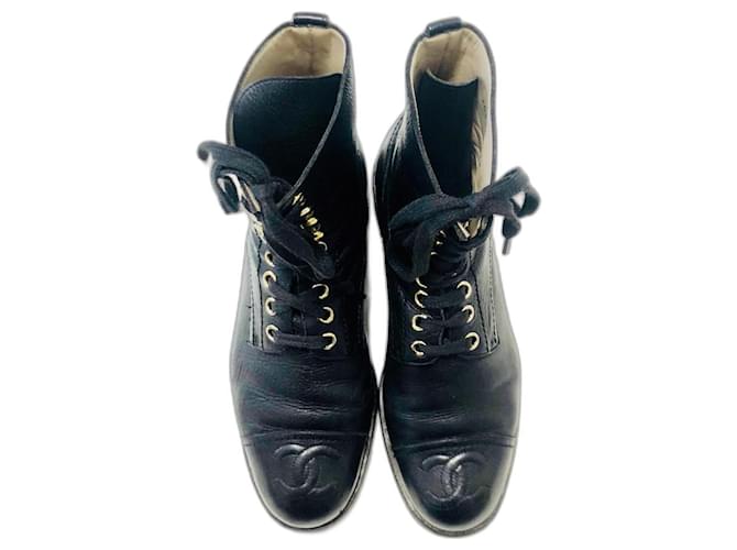 Chanel vintage 1993 Bottes de combat rares ! Cuir Noir  ref.1208059