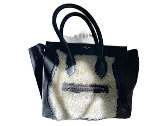 Céline Celine luggage tote in leather and shearling Black Lambskin  ref.1208061
