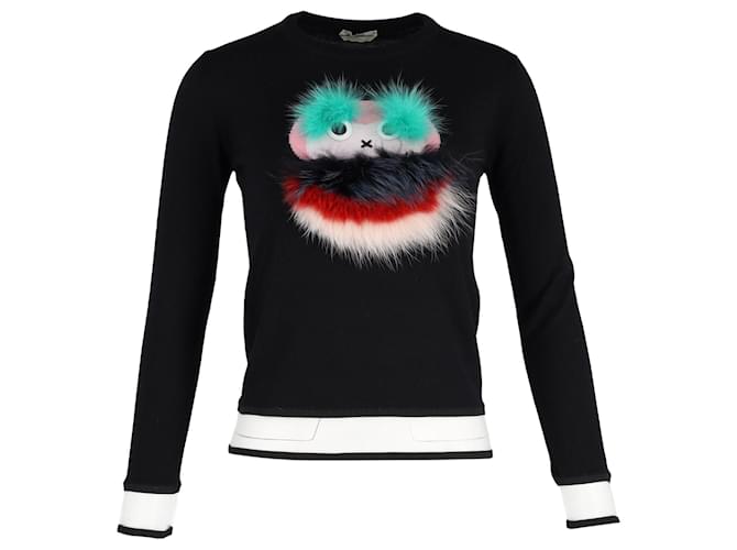 Fendi Lamb Fur-Trimmed Bug-Eye Monster Sweater in Black Cotton  ref.1208169