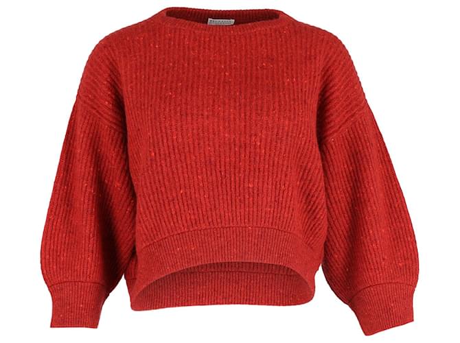 Brunello Cucinelli Maglione in maglia a coste in lana rossa Rosso  ref.1208196