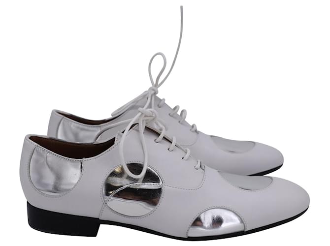 Marni Polka Dot Lace Up Oxfords in White and Silver Leather  ref.1208215