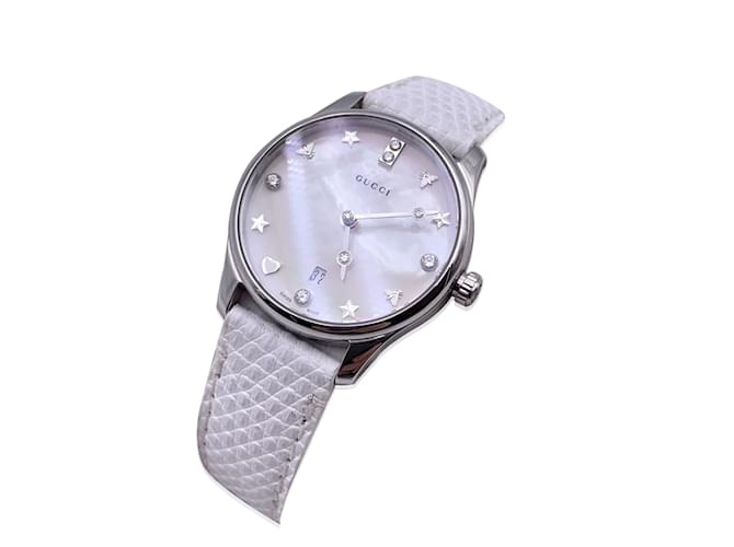 Gucci Weiße G-Timeless Slim-Armbanduhr mit Diamant-Perlmutt-Zifferblatt Stahl  ref.1208324