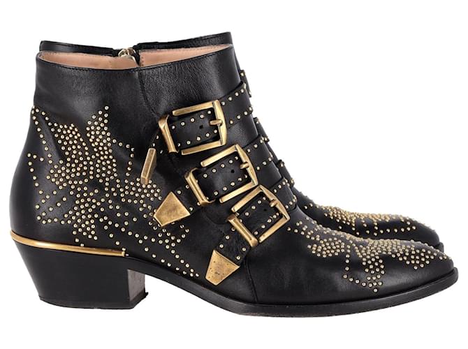 Chloé Susanna Studded Buckled Ankle Boots in Black Leather  ref.1208346