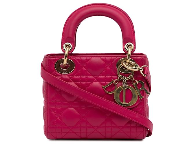 Dior Mini pele de cordeiro rosa Cannage Lady Dior Couro  ref.1208455