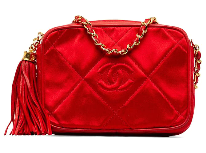 Bolsa crossbody com corrente de cetim Chanel CC vermelha Vermelho Pano  ref.1208483