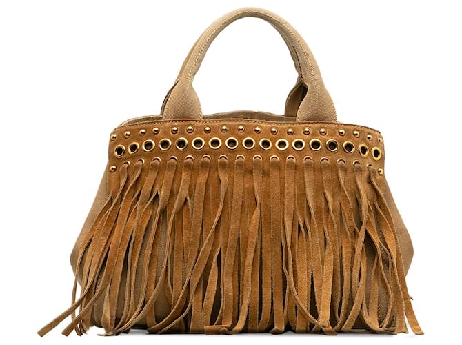 Prada Brown Fringed Canapa Handbag Suede Leather Cloth Cloth  ref.1208497