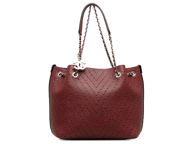 Chanel Red Perforated Caviar Leather Tote Bag Dark red  ref.1208514