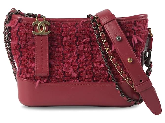 Chanel Red Small Tweed Gabrielle Hobo Leather Pony-style calfskin Cloth  ref.1208517