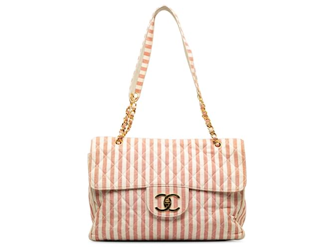 Chanel White Striped Linen XXL Travel Flap Bag Red Cloth Cloth  ref.1208520