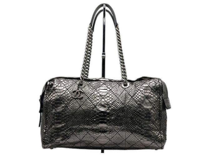 Bowling Ultra Rare Chanel Iridescent Metallic Silver Python Bowler Chain Boston Bag Silvery