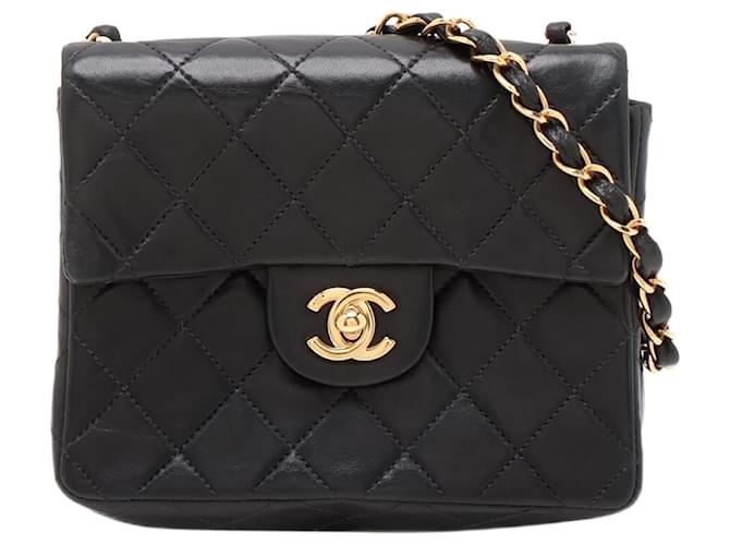 Chanel black 2003 Mini sac carré classique à rabat unique Cuir Noir  ref.1208537