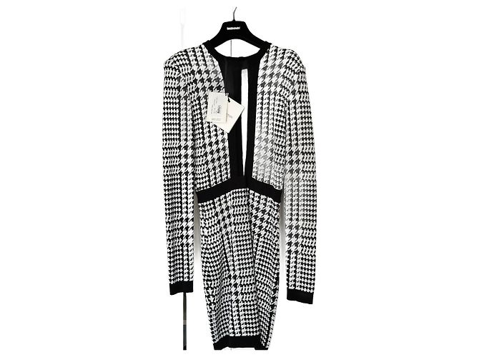 Balmain Hahnentritt Strick Kleid langarm weiß