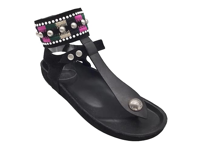 Autre Marque Isabel Marant Black Multi Embellished Ankle Wrap Flat Suede Thong Sandals  ref.1208620