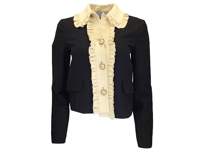 Autre Marque Gucci Black / marfim 2016 Blazer de lã e seda com botões pérola e babados com logotipo GG Preto  ref.1208625