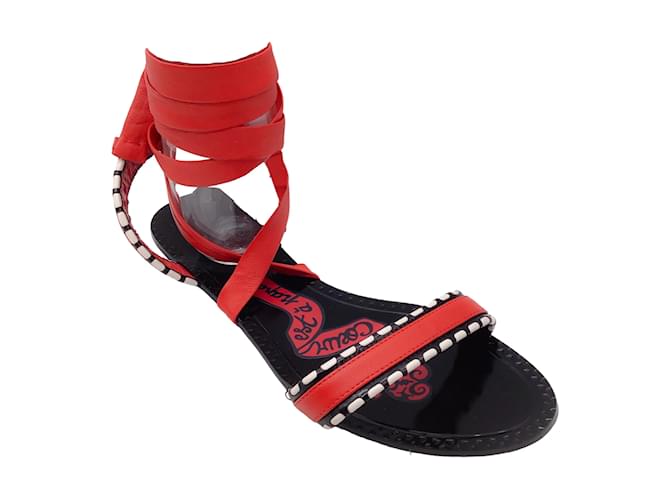 Autre Marque ALAÏA Red / Black Mon Coeur Leather Ankle Wrap Flat Sandals  ref.1208628