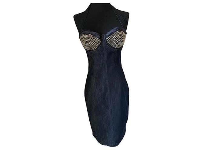 MARCIANO blue denim bustier midi dress, cups studded with silver studs,  ref.1208634