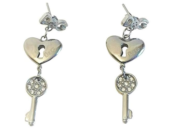 DOLCE & GABBANA steel earrings with logged heart and "key to happiness" Silvery  ref.1208661