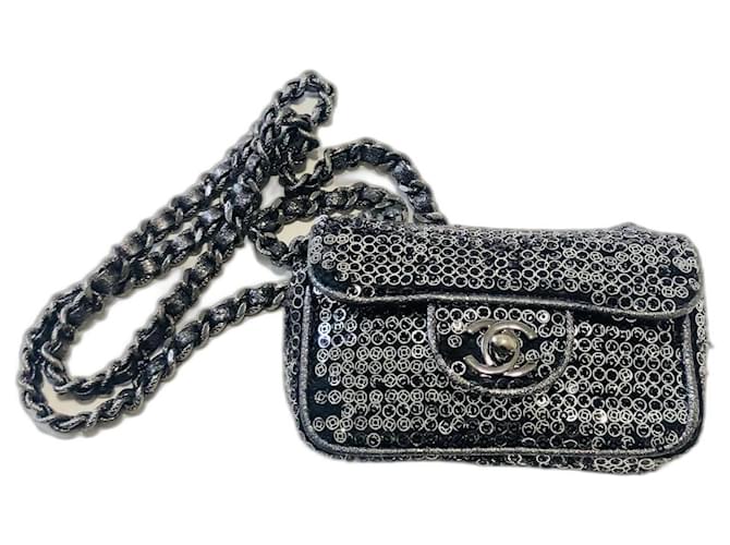 Chanel Mini bolsa de lantejoulas com aba Raro! Prata Hardware prateado  ref.1208669