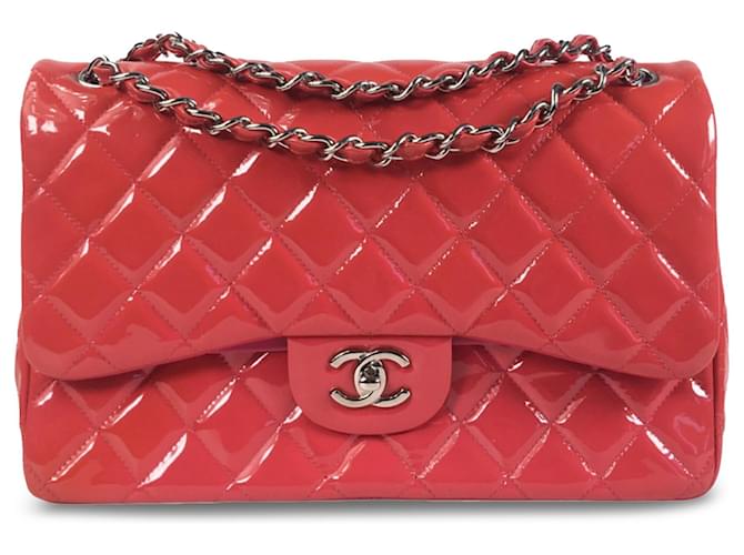 Chanel Pink Jumbo Classic Aba forrada de patente Rosa Couro Couro envernizado  ref.1208767
