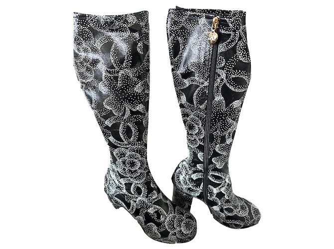 Chanel Camellia Print High Boots Black Leather EU37