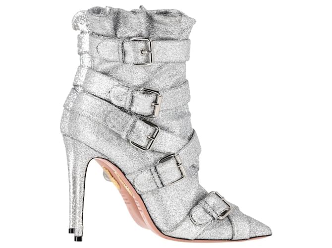 Aquazzura Glitter Buckled Heeled Ankle Boots in Silver Canvas Silvery Cloth  ref.1209005
