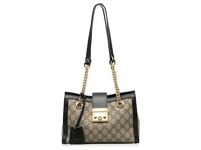 Gucci Brown Small GG Supreme Padlock Tote Beige Leather Cloth Pony-style calfskin Cloth  ref.1209170