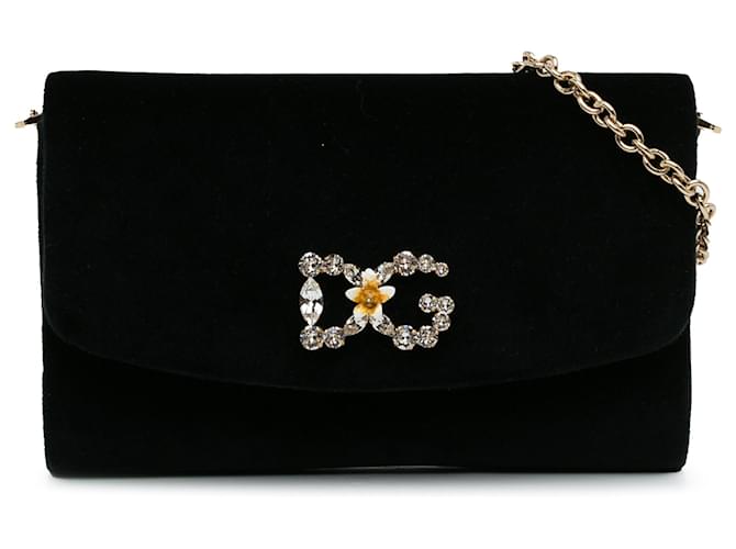 Dolce & Gabbana Dolce&Gabbana Portefeuille en velours noir DG sur chaîne Tissu  ref.1209188