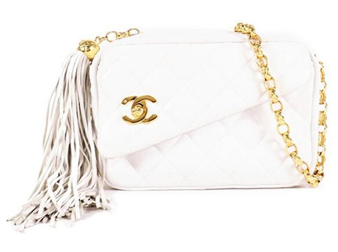 Chanel White CC Lambskin Tassel Crossbody Bag Leather  ref.1209220