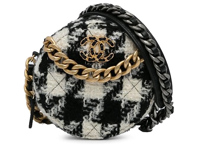 Chanel Black Round Tweed 19 Clutch mit Kette und Geldbörse aus Lammleder Schwarz Weiß Tuch  ref.1209221