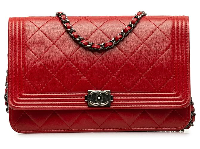 Chanel Red Lambskin Boy Wallet On Chain Leather  ref.1209238