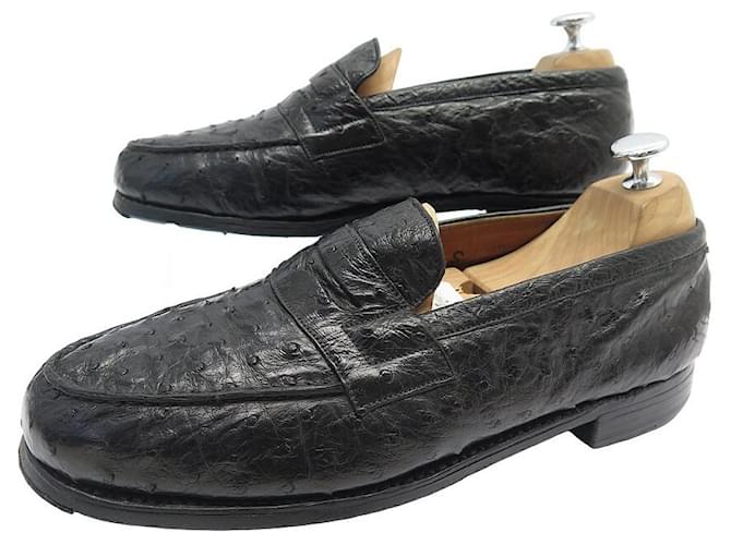 JM WESTON LOAFERS 180 8E 42 wide 42.5 OSTRICH LEATHER LOAFERS Black  ref.1209265