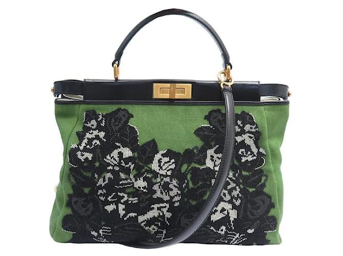 NEUF SAC A MAIN FENDI PEEKABOO BRODERIE TOILE VERTE BANDOULIERE HAND BAG PURSE Cuir  ref.1209279