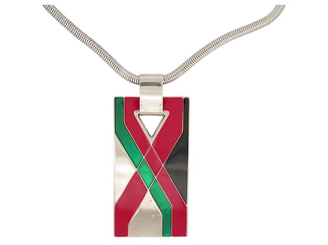 VINTAGE LANVIN RECTANGLE PENDANT NECKLACE 50 IN SILVER METAL STEEL NECKLACE Silvery  ref.1209346