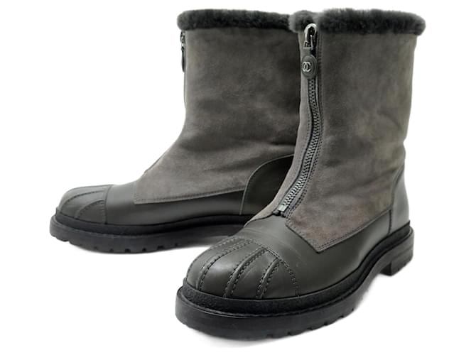 NEUF CHAUSSURES CHANEL BOTTINES FOURREES ET ZIPPEES G31287 DAIM BOOTS Suede Gris  ref.1209349