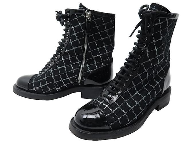 CHANEL COMBAT BOOTS G SHOES36209 37 TWEED PATENT LEATHER ANKLE BOOTS SHOES  ref.1209371