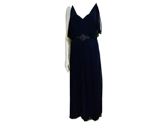 Jenny Packham Marineblaues Abendkleid aus Chiffon und Satin, verschönert Dunkelblau
