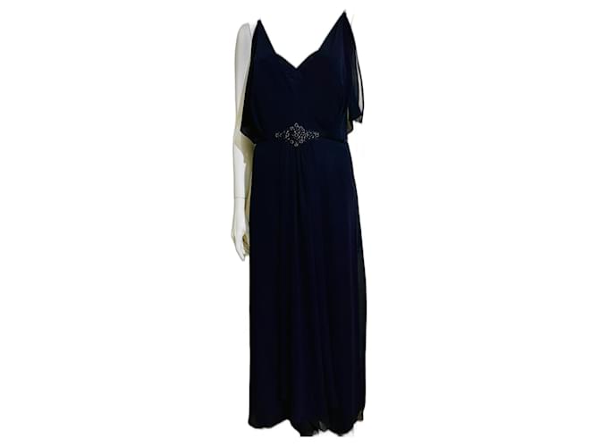 Jenny Packham Marineblaues Abendkleid aus Chiffon und Satin, verschönert Dunkelblau Polyester  ref.1209442
