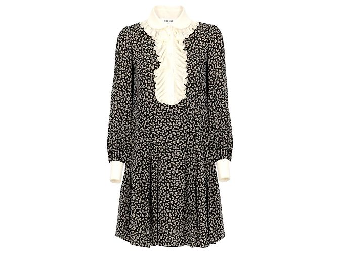 Céline Seidenkleid mit Blumenmuster Langarm Schwarz Ecru