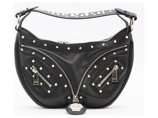 VERSACE Hobo Small Repeat shoulder bag Black Silvery Fur Silver-plated  ref.1209978